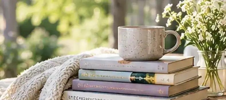 stacked books with mug
