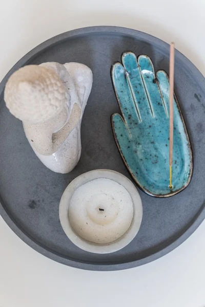 blue flat hand shaped ceramic incense holder