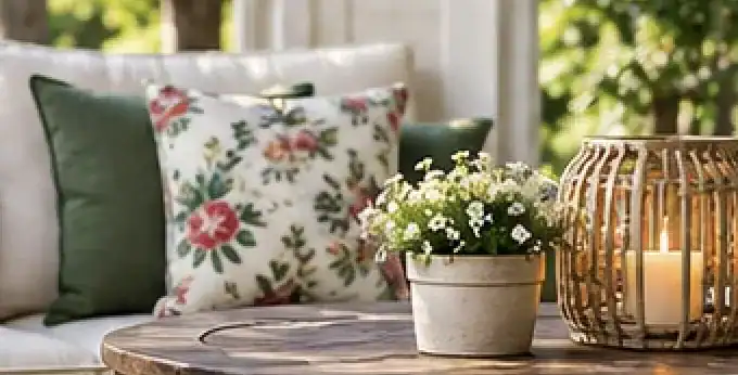Cozy porch seating with flowers and lantern