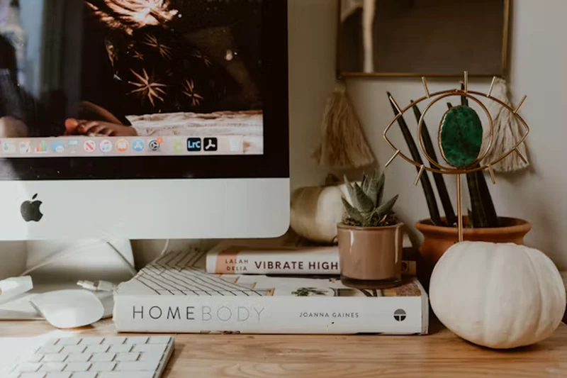 Cozy home desk with computer, books, plants, and a white pumpkin