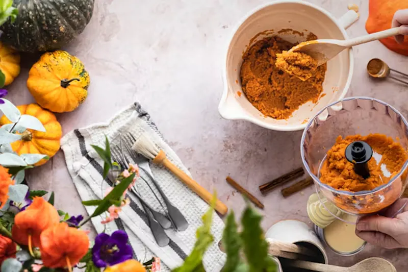 Making fresh pumpkin puree with cooked pumpkin and a food processor