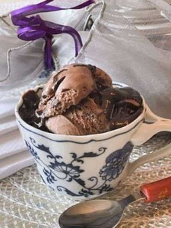 Chocolate hand-dipped ice cream served in a Blue Danube coffee cup