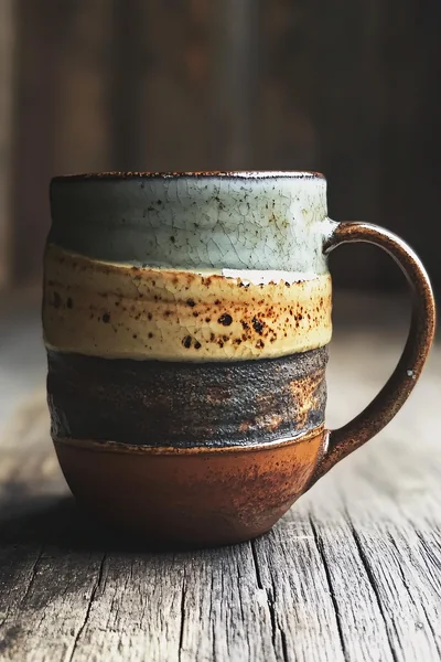 Handmade striped ceramic mug in earthy tones