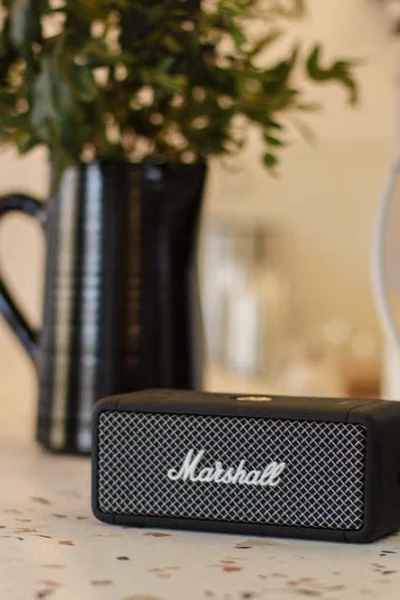 Small Marshall speaker on a table beside flowers and a vase