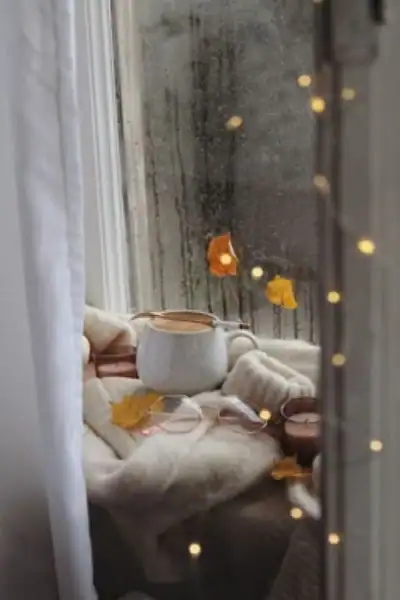 winter window scene with fairy lights, cocoa in a pretty white mug on top of a white sweater